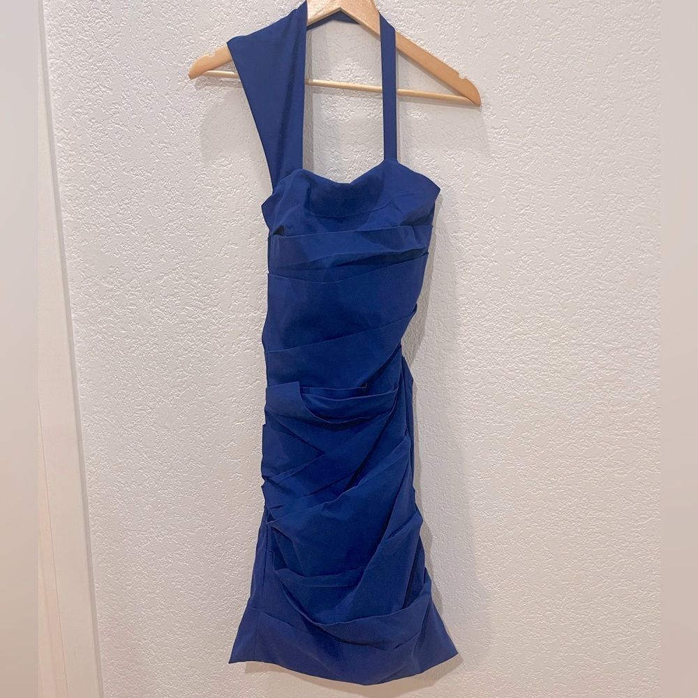 Preen By Thornton Begazzi Midnight Blue Ruched Cocktail Dress Size Large